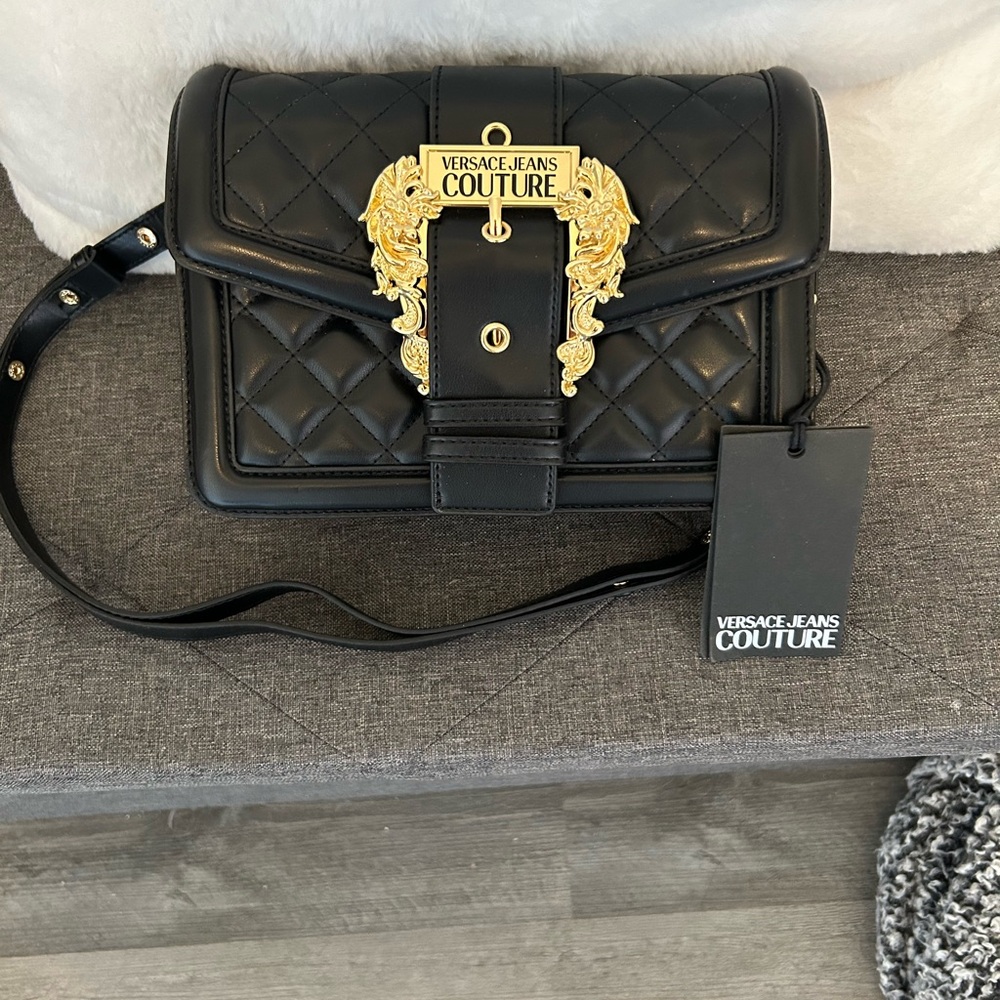 Versace Jeans Couture Black Quilted Crossbody with Gold Plaque